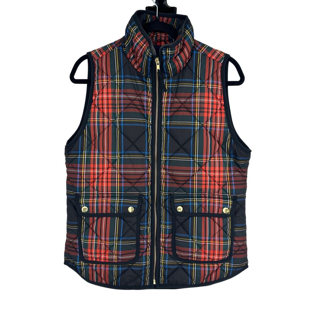 J.Crew Womens S Puffer Vest Tartan Plaid Primaloft Full Zip Pocket Red Black